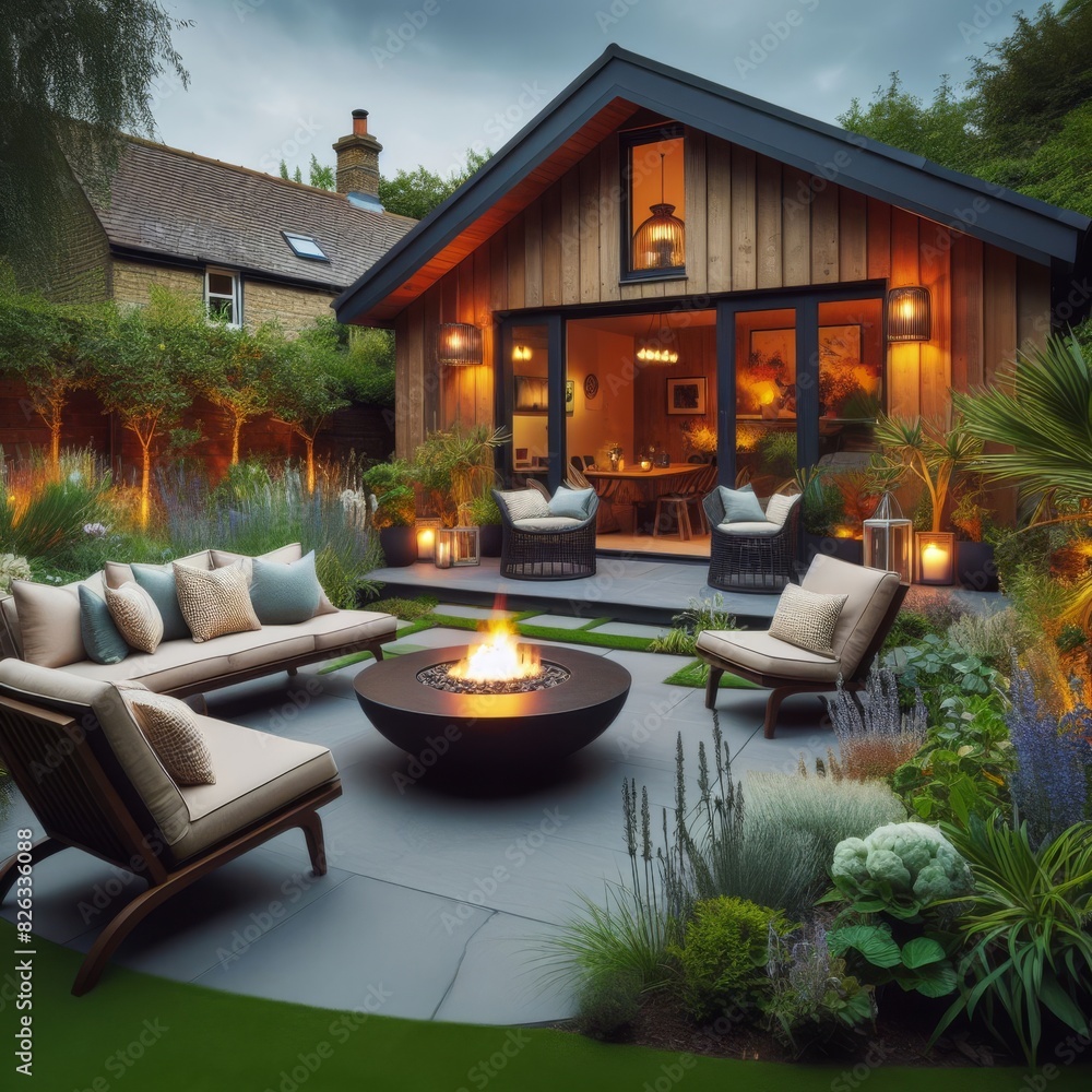 A beautifully lit outdoor living area with a central fire pit, surrounded by lush gardens and stylish furnishings, evoking comfort and elegance.. AI Generation