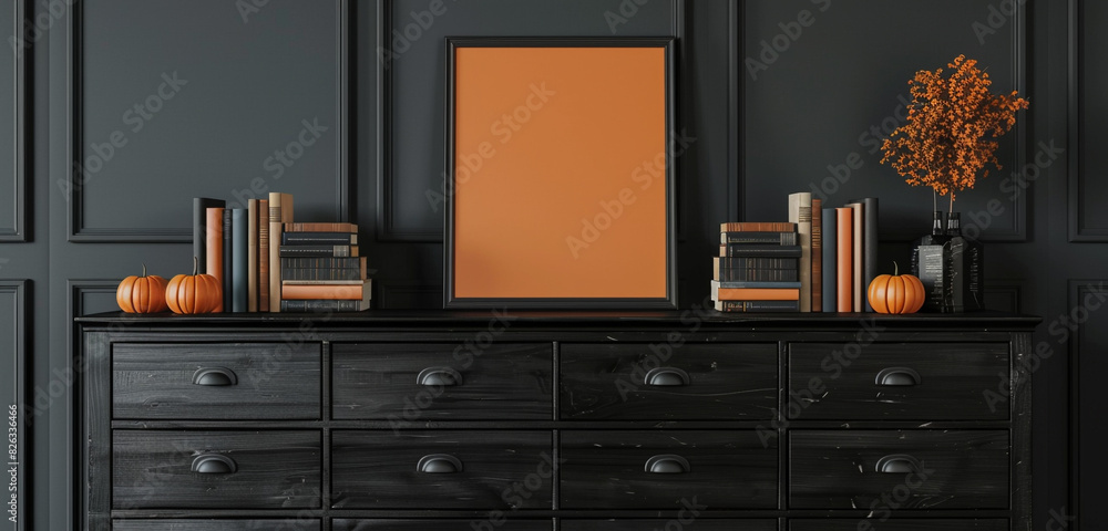 Stylish dark gallery with black wooden dresser, books in pumpkin orange, square poster. 3D rendering. Stylish dark gallery with black wooden dresser, books in pumpkin orange, square poster. 3D rendering.