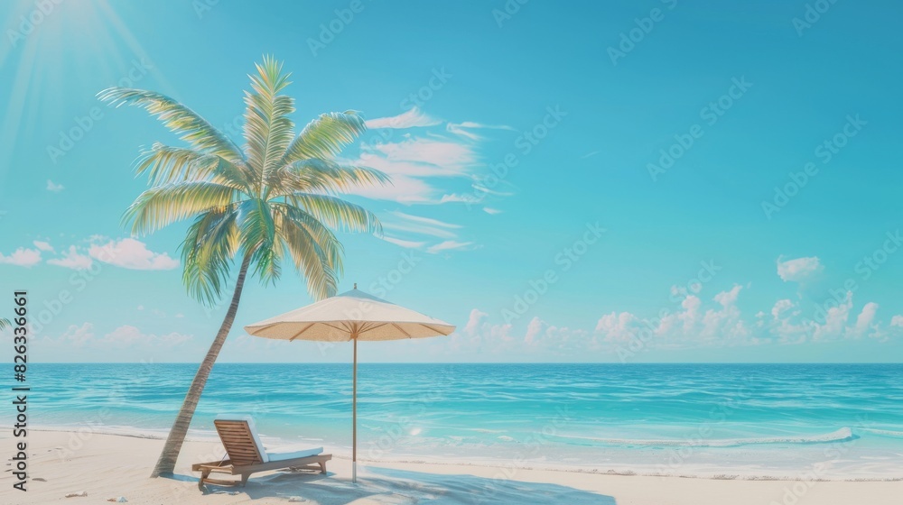A summer beach vacation scene with a blue background. A 3D rendering of the scene
