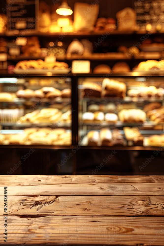 A wooden counter in the foreground with a blurred background of a bakery shop. The background shows display cases filled with fresh pastries, bread, and cakes. A wooden counter in the foreground with a blurred background of a bakery shop. The background shows display cases filled with fresh pastries, bread, and cakes.