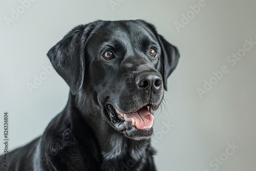 In a studio photo  a friendly black Labrador is captured  exuding warmth and approachability. The Labrador s glossy black coat gleams  and its mouth is slightly open. 