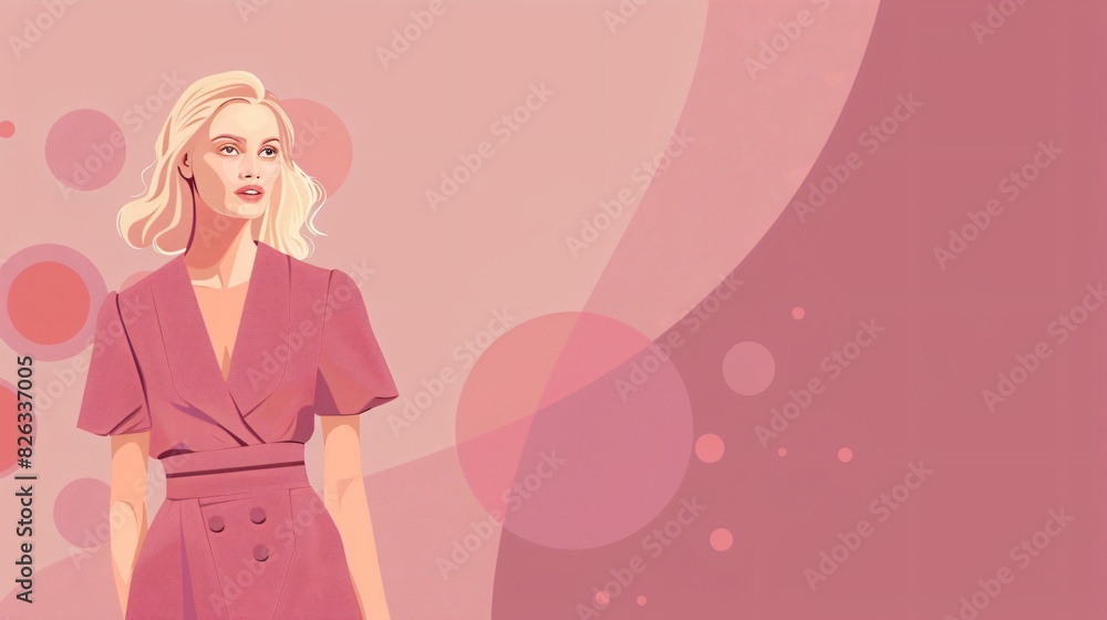 illustration of blonde woman wearing a pink dress on pink background illustration of blonde woman wearing a pink dress on pink background