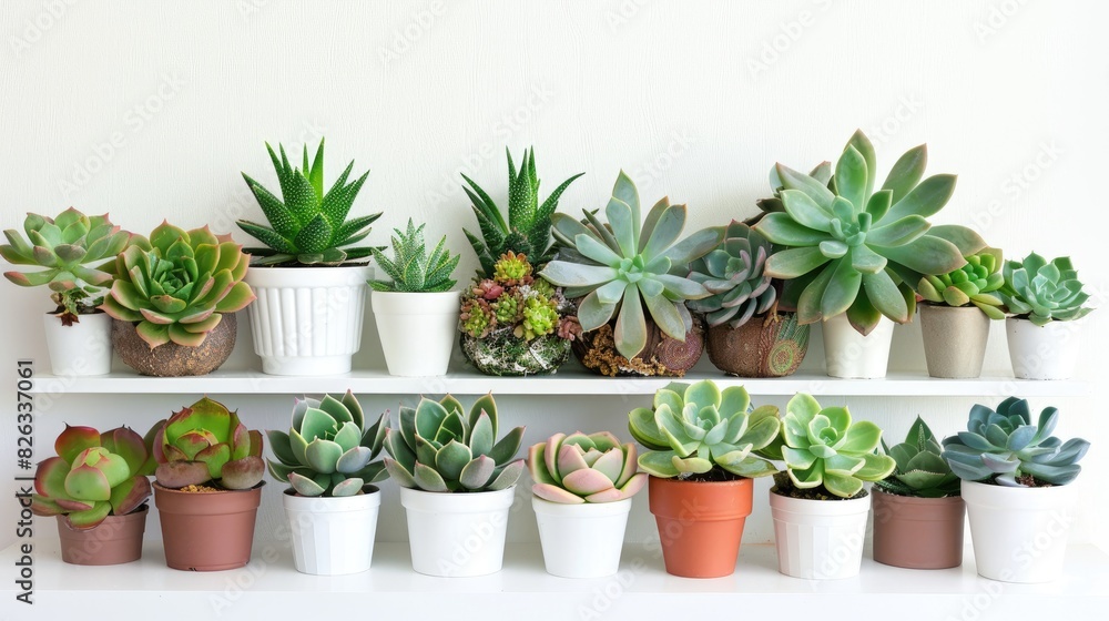 A collection of succulent plants arranged neatly on a bright white shelf, radiating freshness. A collection of succulent plants arranged neatly on a bright white shelf, radiating freshness.