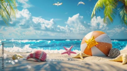 A summer vacation at the beach. A 3D rendering of the scene