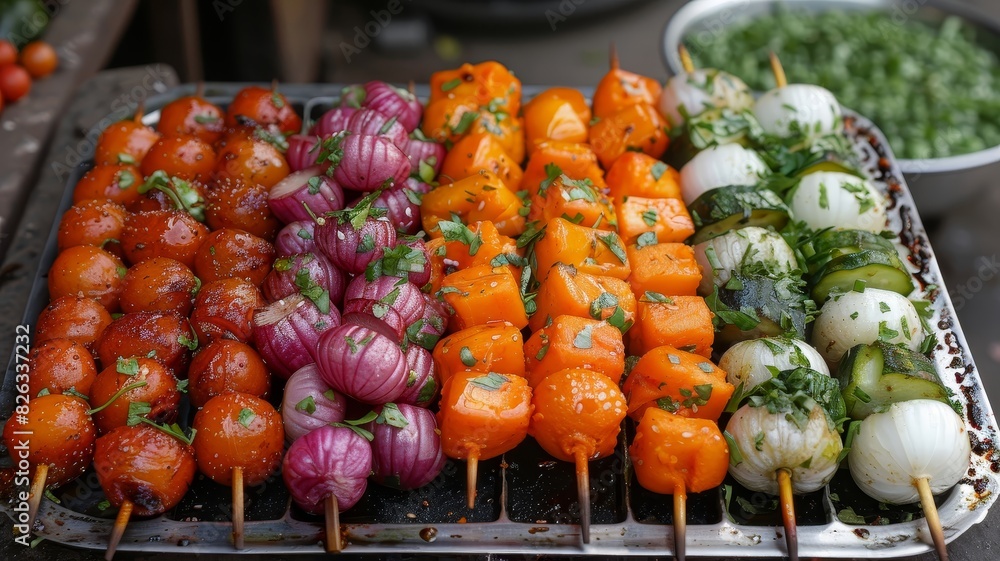 Assorted Vegetable Skewers on Tray Assorted Vegetable Skewers on Tray
