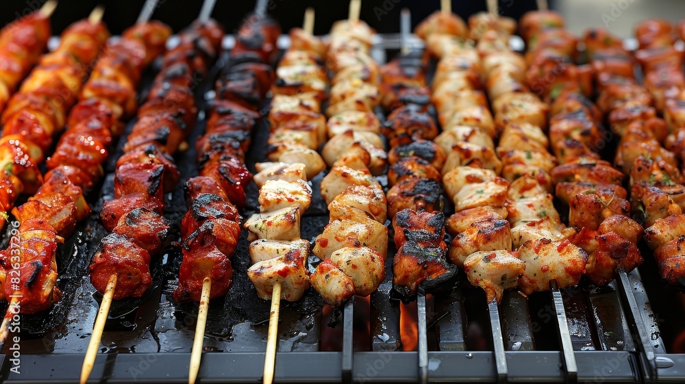 Several Skewers of Meat Cooking on Grill Several Skewers of Meat Cooking on Grill