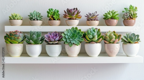 A collection of succulent plants arranged neatly on a bright white shelf, radiating freshness.