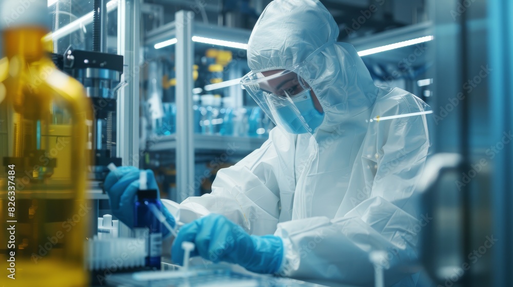 The scientist is working on a modern industrial 3D printing machine. The process involves pharmaceutical, biotechnological, and semiconductor production. Yellow filter is used. The scientist is working on a modern industrial 3D printing machine. The process involves pharmaceutical, biotechnological, and semiconductor production. Yellow filter is used.