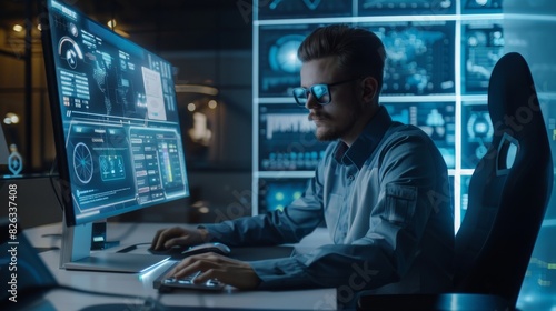 A stylish man in an ultramodern light office logs into a high-tech computer with transparent display and check useful work related statistics.
