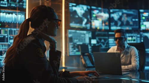 An agent works on a laptop in the background as a military man speaks to the agent in charge in a monitoring room. Several monitors help show data flow in a busy system control center. photo