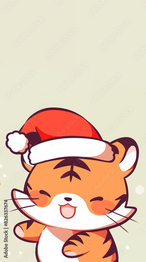 Hand drawn cartoon tiger illustration wearing Santa hat
Hand drawn cartoon tiger illustration wearing Santa hat