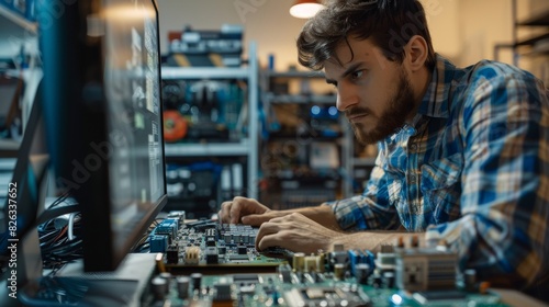 The position of electronic development engineer involves working on a computer, designing motherboards, repairing devices and soldering circuit boards. This position is based in a modern office