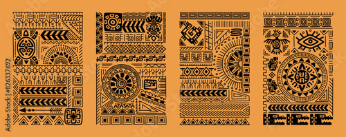 Mexican pattern. Tribal silhouette print. Aztec background. Polynesian or African ornaments. Mayan geometric shapes. Mexico texture. Peru or Inca flat graphic. Vector tidy ethnic border elements set