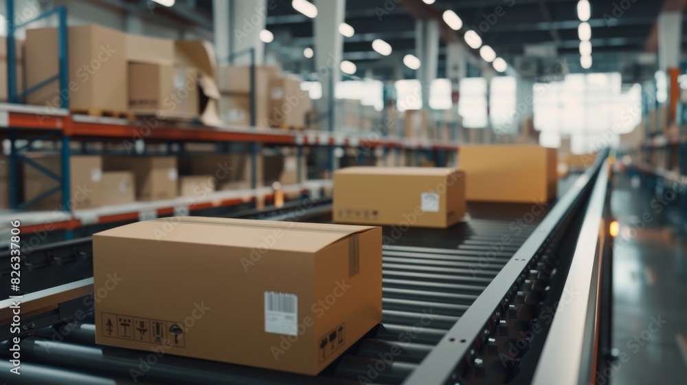 Post Sorting Office, Belt Conveyor Moving Parcels. View from the Box.