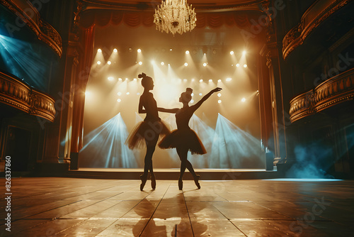 two ballet dancers gracefully performing on stage. One dancer wears a white tutu, while the other is dressed in black attire photo
