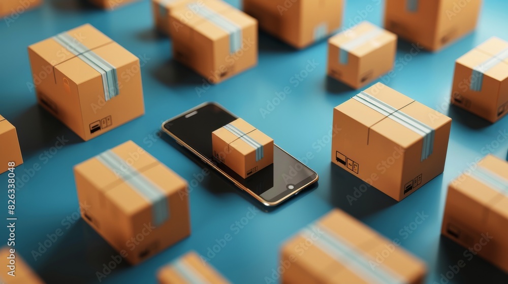 Delivery of parcels online. Boxes on smartphones on blue backgrounds. 3D rendering Delivery of parcels online. Boxes on smartphones on blue backgrounds. 3D rendering