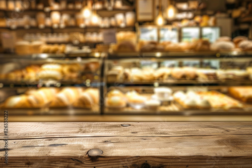 A wooden counter in the foreground with a blurred background of a bakery shop. The background shows display cases filled with fresh pastries, bread, and cakes. 
