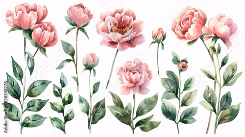 Watercolor illustration of pink peonies and buds, ideal for celebration and garden-themed designs, isolated on white background