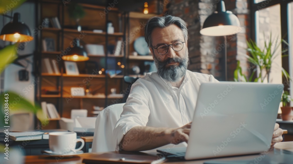 Portrait of a successful middle-aged bearded corporate businessman using a laptop in a diverse workplace.