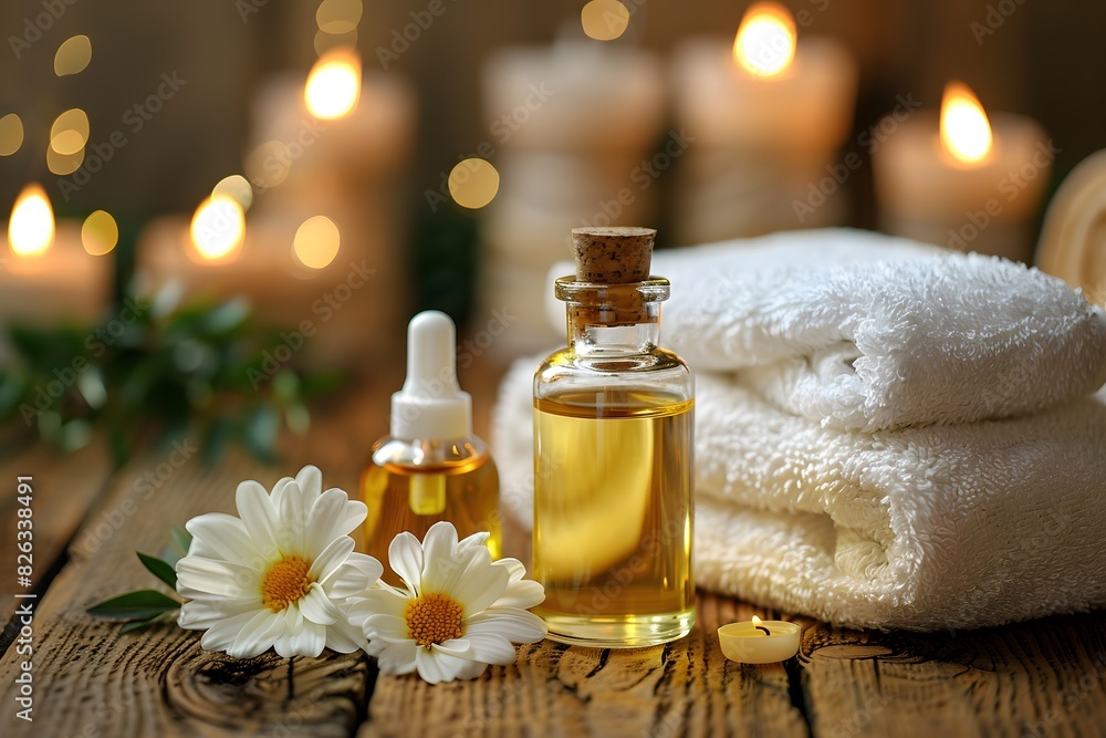 Details of beauty treatment items for spa procedures on wooden table burning candle massage oil Details of beauty treatment items for spa procedures on wooden table burning candle massage oil