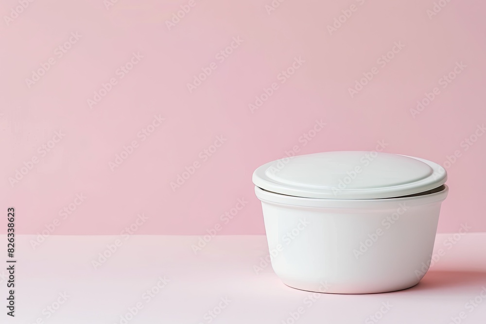 Elegance in an empty white container with lid sharp details against a rose pink background. Elegance in an empty white container with lid sharp details against a rose pink background.