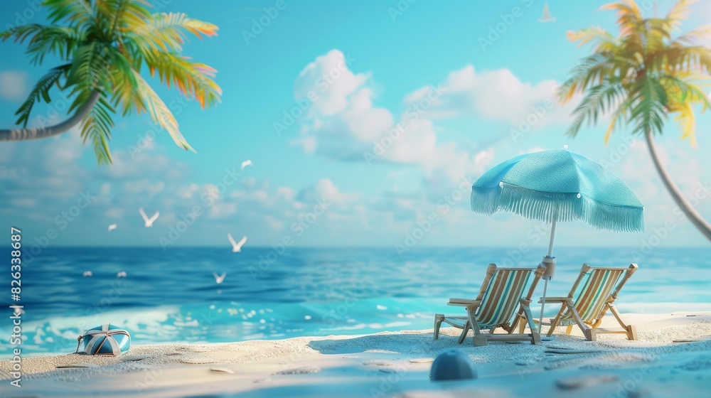 A summer vacation scene on a blue background. 3D rendering.
