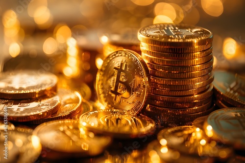 Golden stacks of cryptocurrency bitcoin financial and money background