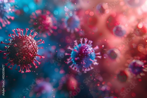 Macro detailed bright red blue microbes molecules virus
