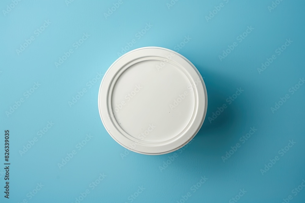 Top-down view of a white container with lid against a sky blue background. Top-down view of a white container with lid against a sky blue background.