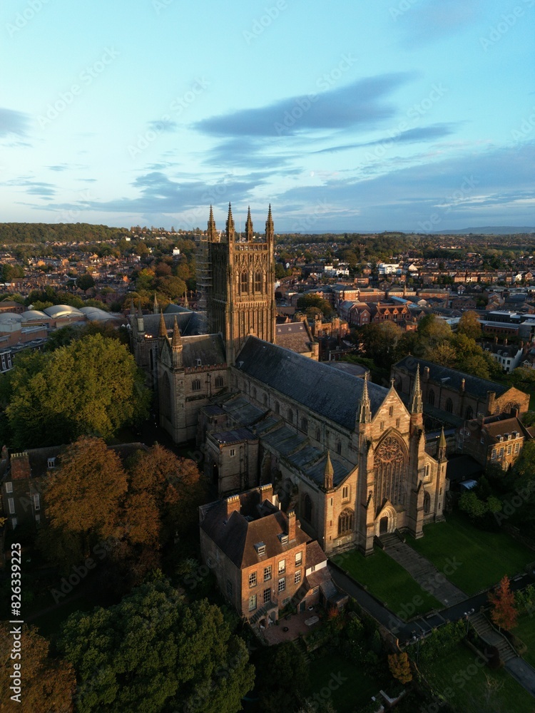 Aerial view of the historic Worcester Cathedral in England