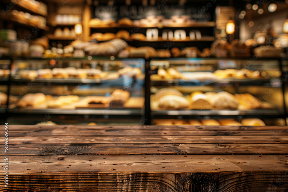 A wooden counter in the foreground with a blurred background of a bakery shop. The background shows display cases filled with fresh pastries, bread, and cakes. A wooden counter in the foreground with a blurred background of a bakery shop. The background shows display cases filled with fresh pastries, bread, and cakes.