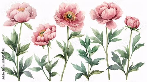 Fototapeta Naklejka Na Ścianę i Meble -  Watercolor illustration of pink peonies and buds, ideal for celebration and garden-themed designs, isolated on white background