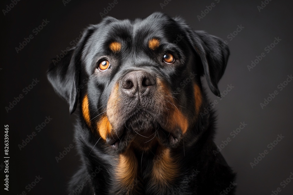 Fototapeta premium In a studio photo portrait, a majestic Rottweiler is captured looking up at the camera with a dignified yet affectionate expression. 