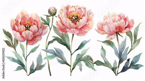 Fototapeta Naklejka Na Ścianę i Meble -  Watercolor illustration of pink peonies and buds, ideal for celebration and garden-themed designs, isolated on white background