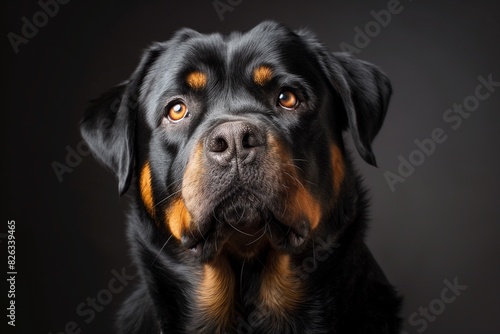 In a studio photo portrait  a majestic Rottweiler is captured looking up at the camera with a dignified yet affectionate expression. 