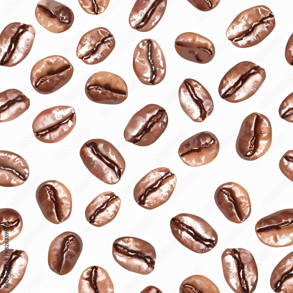 Coffee beans on white background, seamless pattern, minimalist style, flat lay Coffee beans on white background, seamless pattern, minimalist style, flat lay