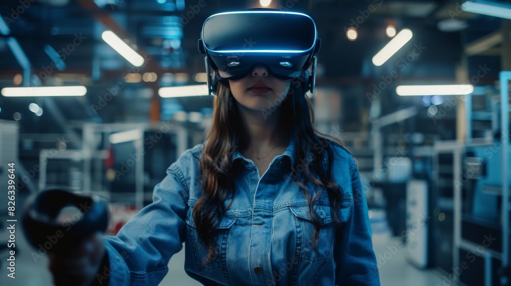 The image shows a female mechanical engineer wearing a headset and using controllers to design, develop, and prototype industrial products using VR technology. The image shows a female mechanical engineer wearing a headset and using controllers to design, develop, and prototype industrial products using VR technology.