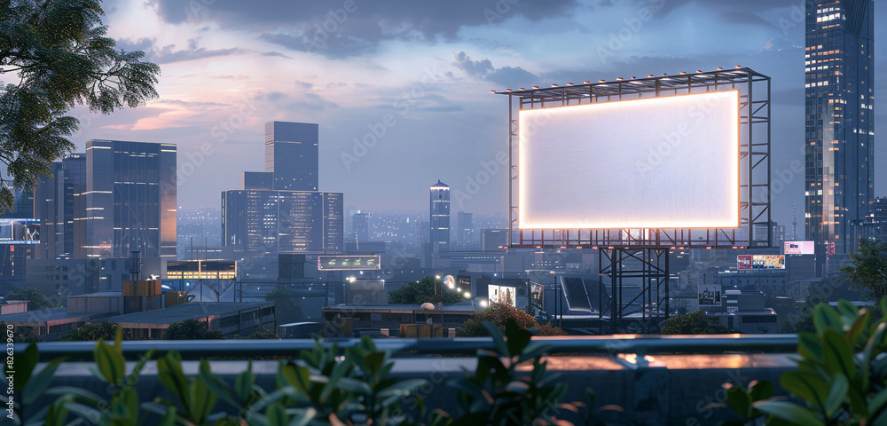 Ultra HD 3D render of a modern cityscape at dusk with a blank billboard for evening promotions, framed by a light border. Ultra HD 3D render of a modern cityscape at dusk with a blank billboard for evening promotions, framed by a light border.