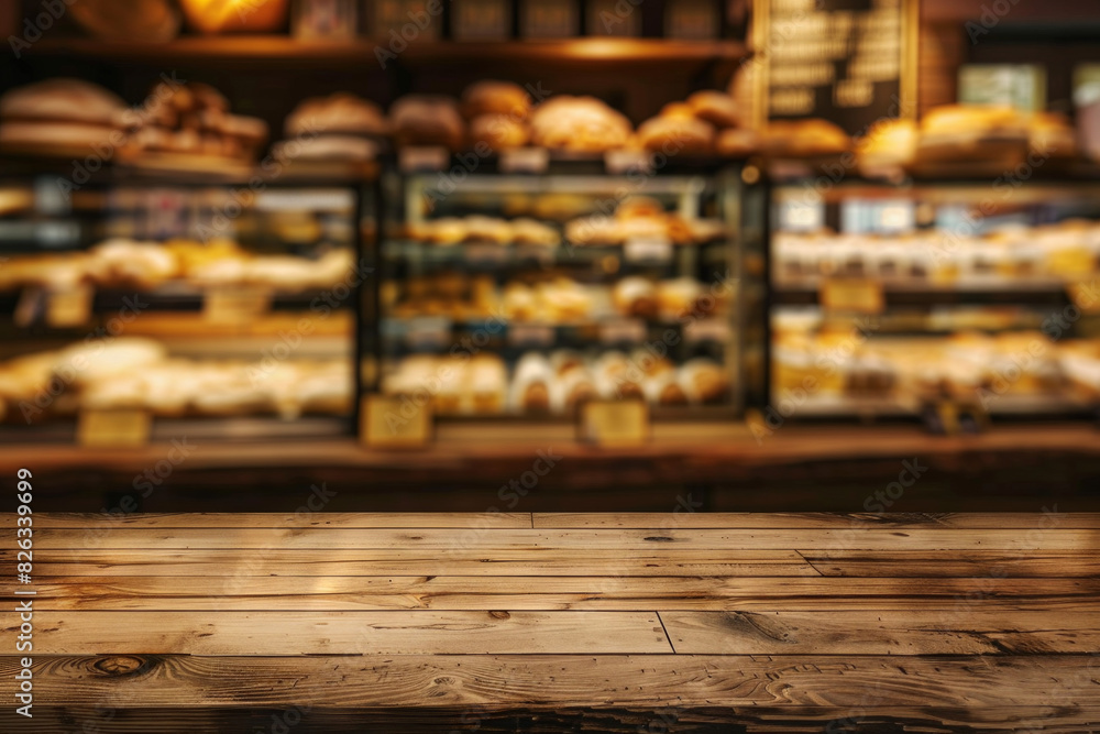 A wooden counter in the foreground with a blurred background of a bakery shop. The background shows display cases filled with fresh pastries, bread, and cakes. A wooden counter in the foreground with a blurred background of a bakery shop. The background shows display cases filled with fresh pastries, bread, and cakes.