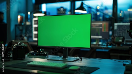 A green mock-up screen computer is on a desk, surrounded by scientists and engineers working on high tech electronic industrial design.