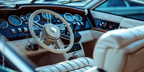 Close up of a boat steering wheel and dashboard. Perfect for nautical or travel concepts photo