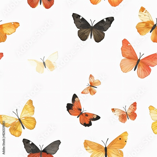 Various types of butterflies on white background, seamless pattern, minimalist style, flat lay