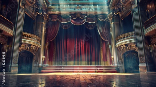 A stage with a red curtain and a red chair. Suitable for theatrical or performance concepts photo