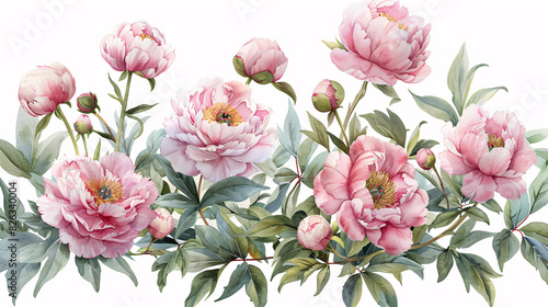 Watercolor illustration of pink peonies and buds, ideal for celebration and garden-themed designs, isolated on white background