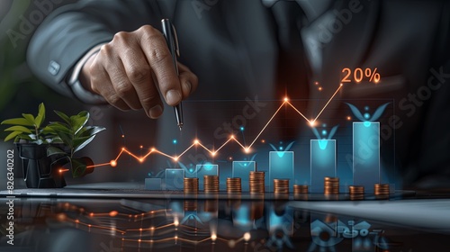 2024 Business Financial Plan and Market Concept: Businessman Analyzes Profit Growth Performance from 2023 to 2024 with Revenue Graphs and Financial Education Trends