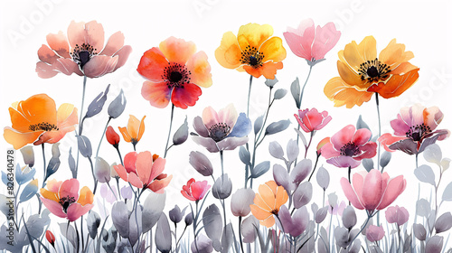 Watercolor illustrations of floral elements, including blooming peonies and nature-inspired decorations, isolated on white background