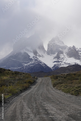 Vertical of Torres del Paine, Chile on a foggy day