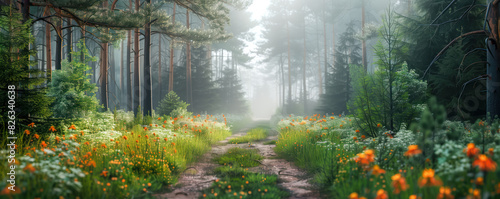 Beautiful background of the fog in the morning in forest in Russia.