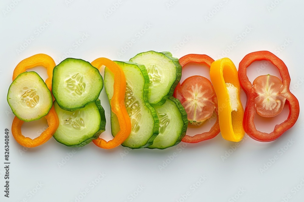 Slices of fresh cucumbers, green and yellow bell peppers, and tomatoes arranged on a clean white surface Slices of fresh cucumbers, green and yellow bell peppers, and tomatoes arranged on a clean white surface