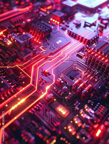 Close-up of a vibrant, illuminated circuit board showcasing intricate electronic components and glowing pathways.